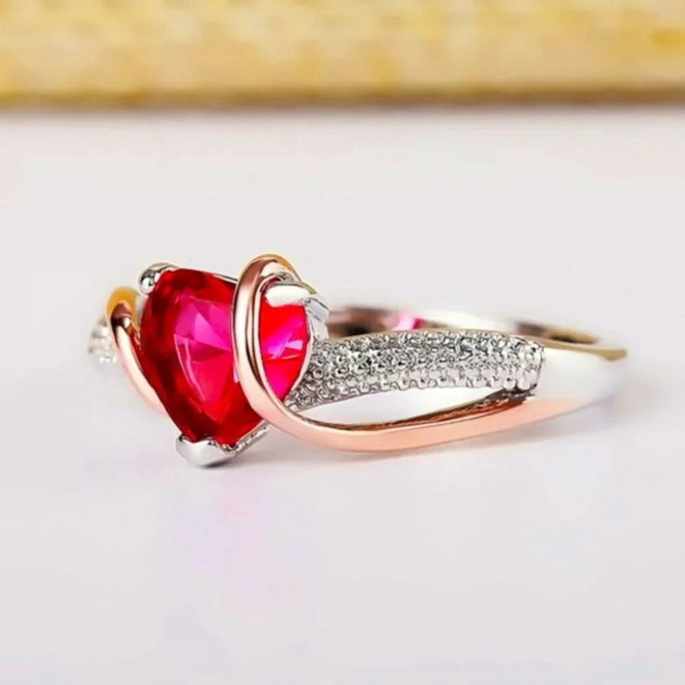 New Beautiful 18K Gold Over 925 Silver Ruby Heart Diamond Ring
